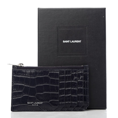 Saint Laurent Calfskin Crocodile Embossed 5 Fragments Zip Pouch Card Holder Blue Marine 8 of 8