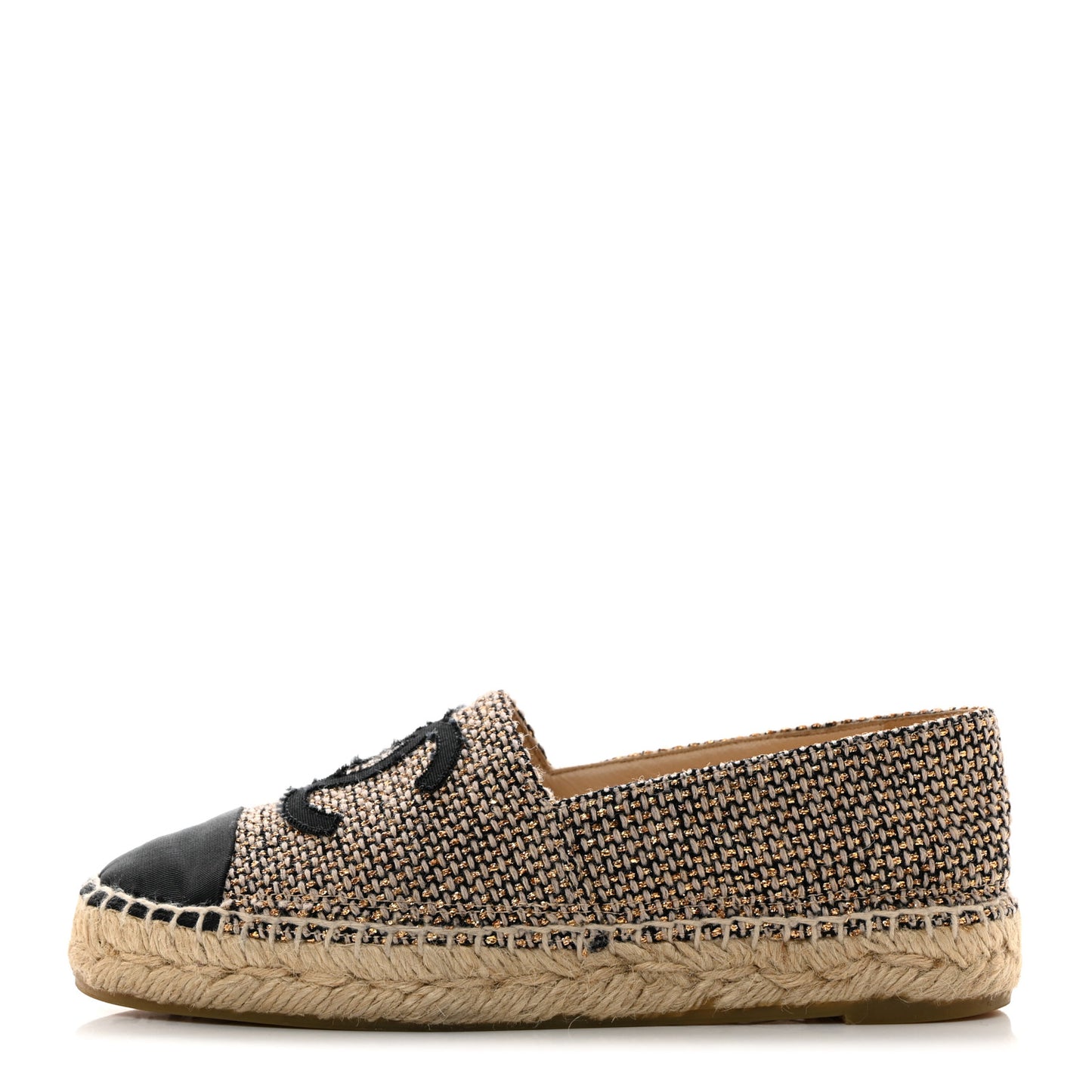 Metallic Tweed Grosgrain CC Espadrilles 35 Beige Black