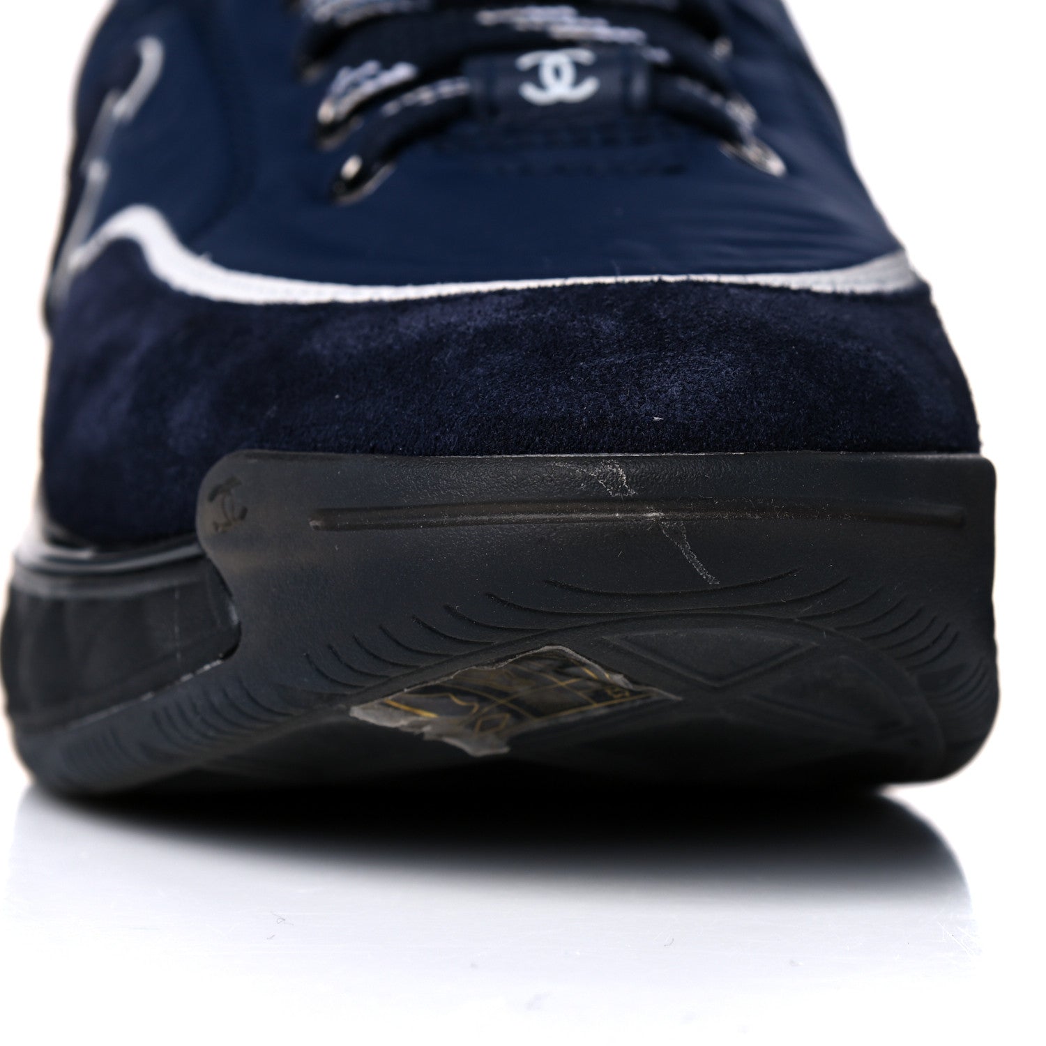Chanel Fabric Calfskin Suede Womens CC Sneakers 37 Navy 9 of 13