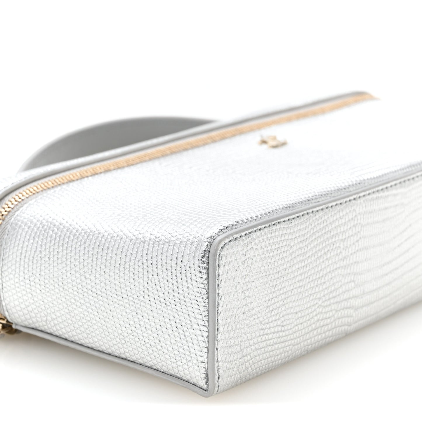 Lizard Embossed Top Handle Slim Vanity With Chain Silvery