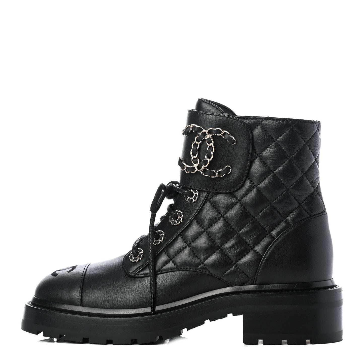 Shiny Lambskin Quilted Lace Up Combat Boots 36 Black
