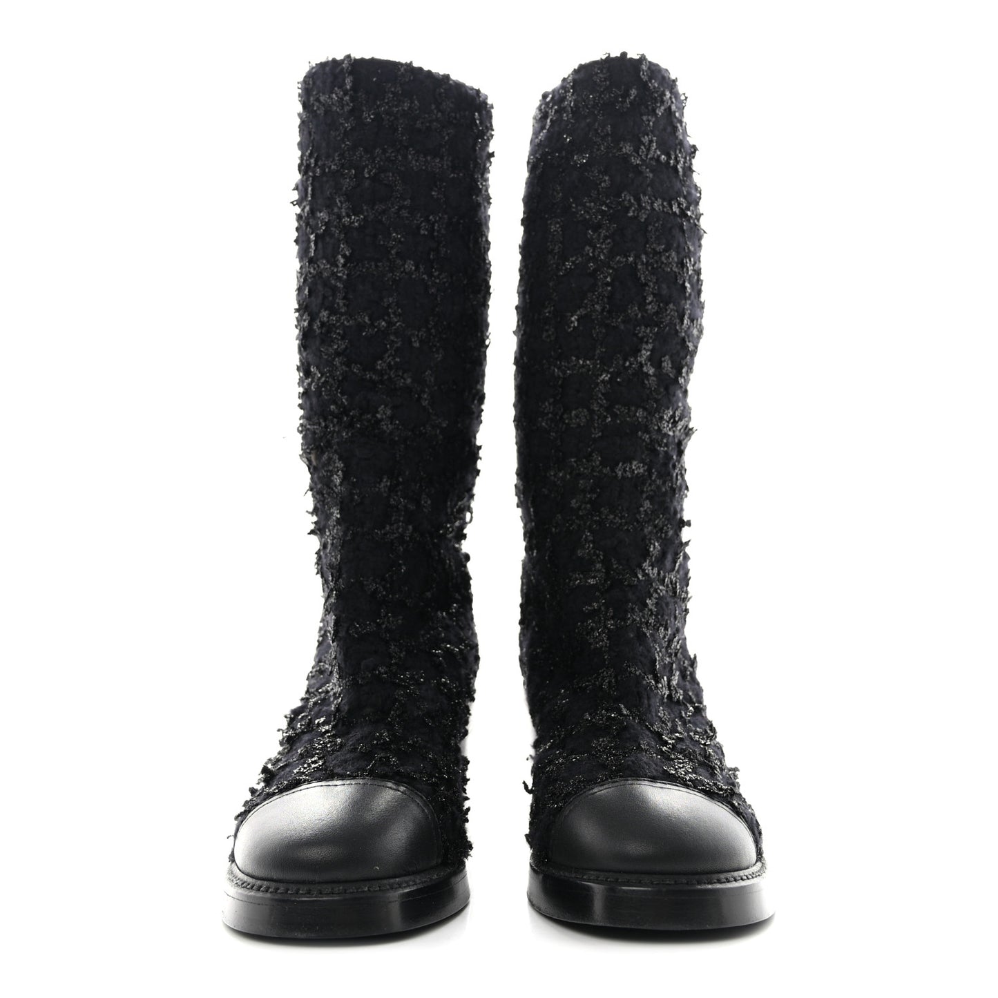 Iridescent Wool Silk Tweed Calfskin CC Cap Toe High Boots 37 Black