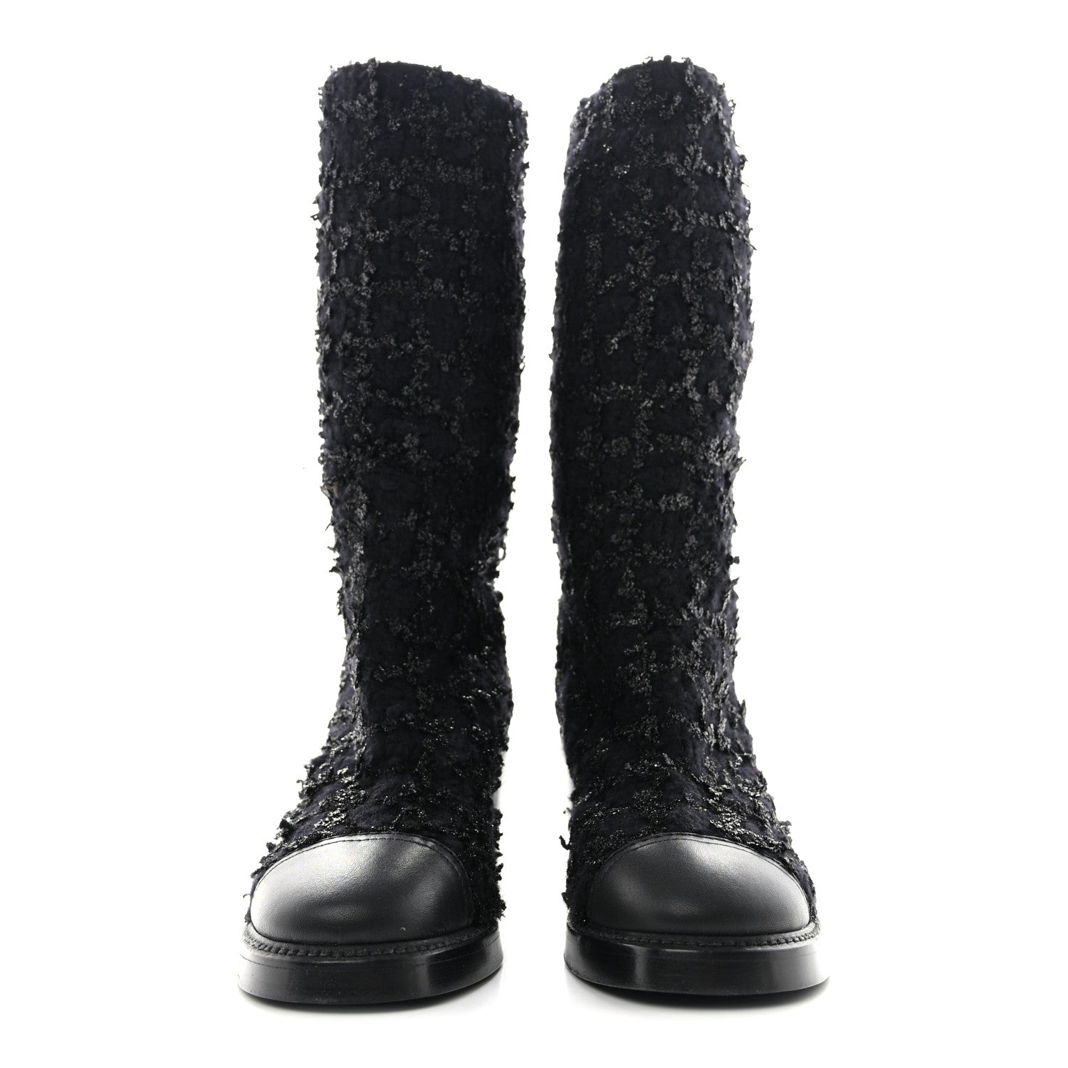 Chanel Iridescent Wool Silk Tweed Calfskin CC Cap Toe High Boots 37 Black 2 of 12