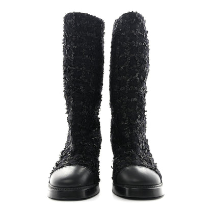 Chanel Iridescent Wool Silk Tweed Calfskin CC Cap Toe High Boots 37 Black 2 of 12