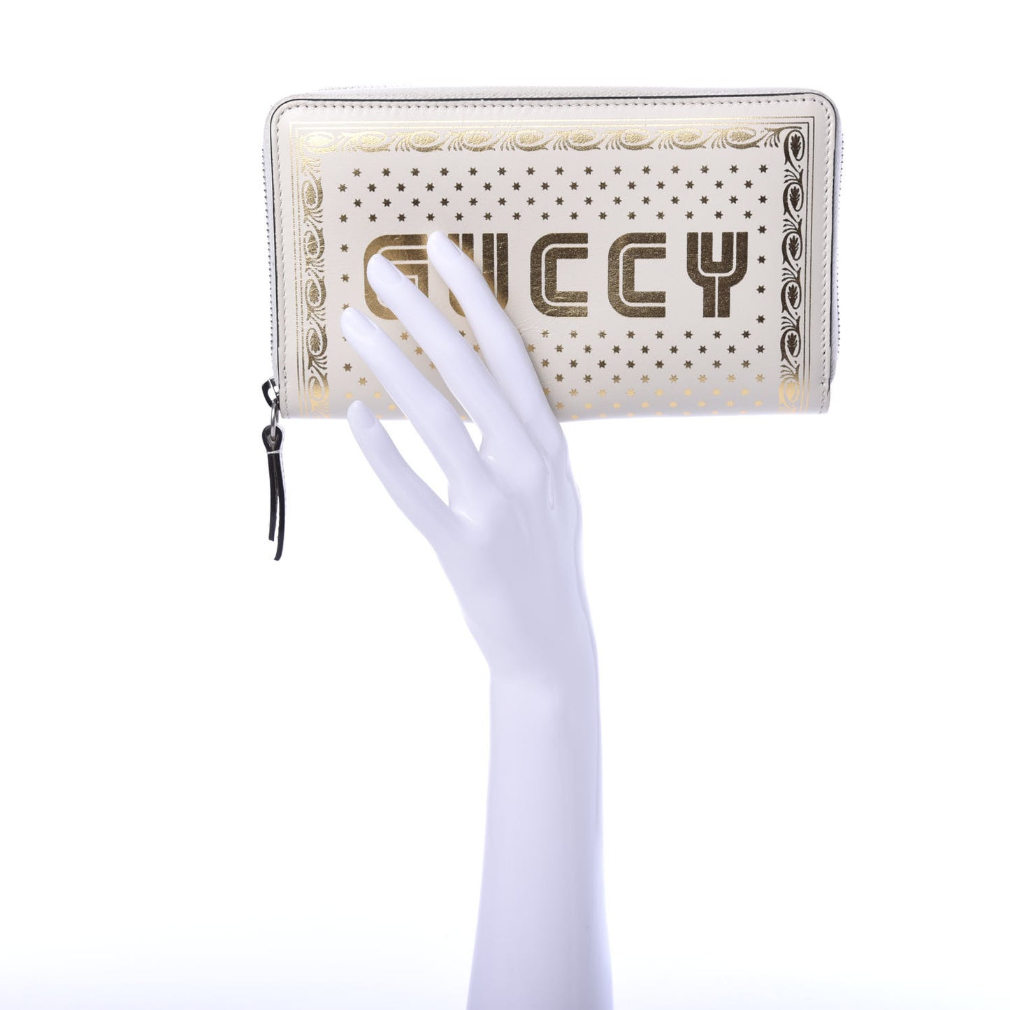 X SEGA Calfskin GUCCY Stars Zip Around Wallet Mystic White Gold