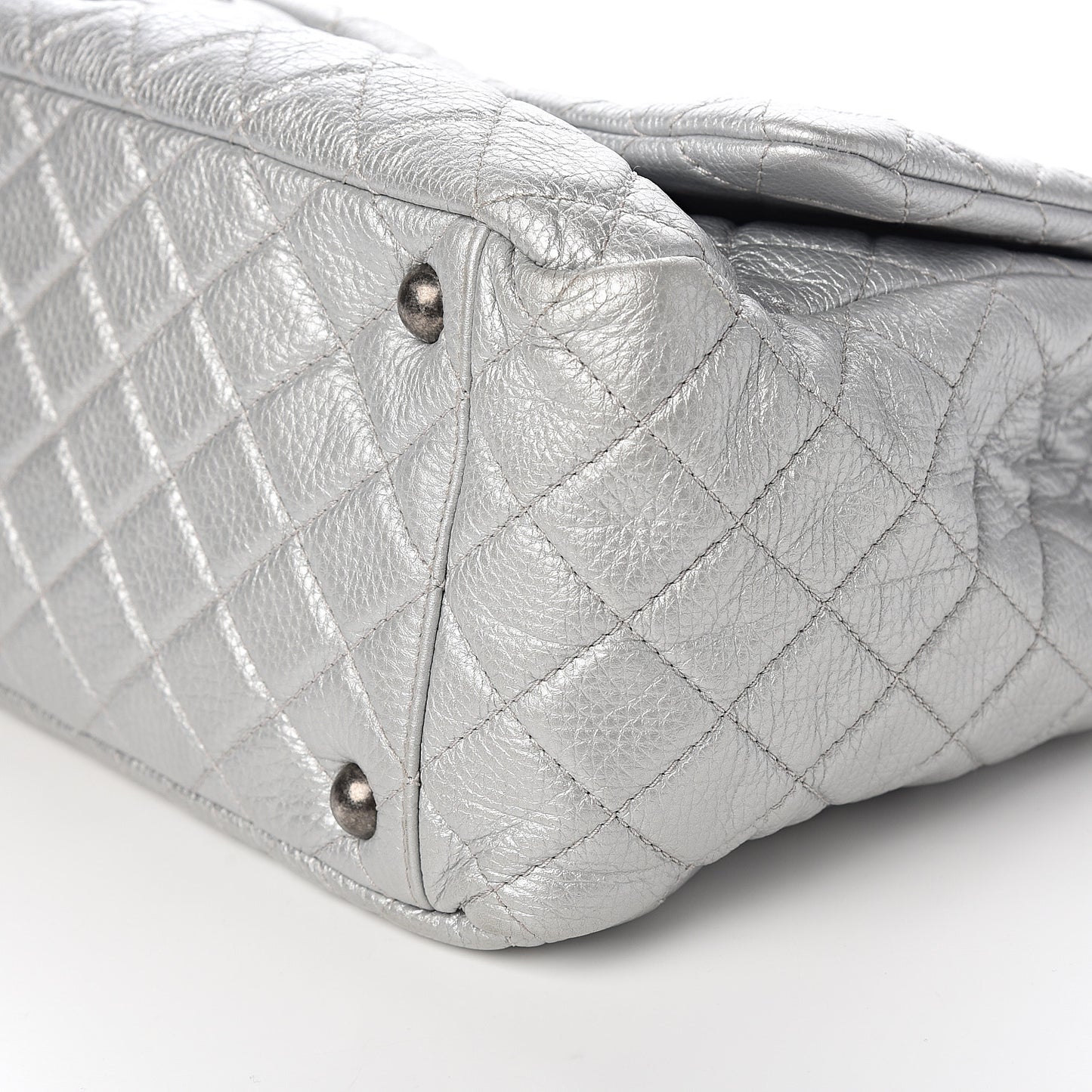 Metallic Calfskin Quilted XXL Travel Flap Bag Silver