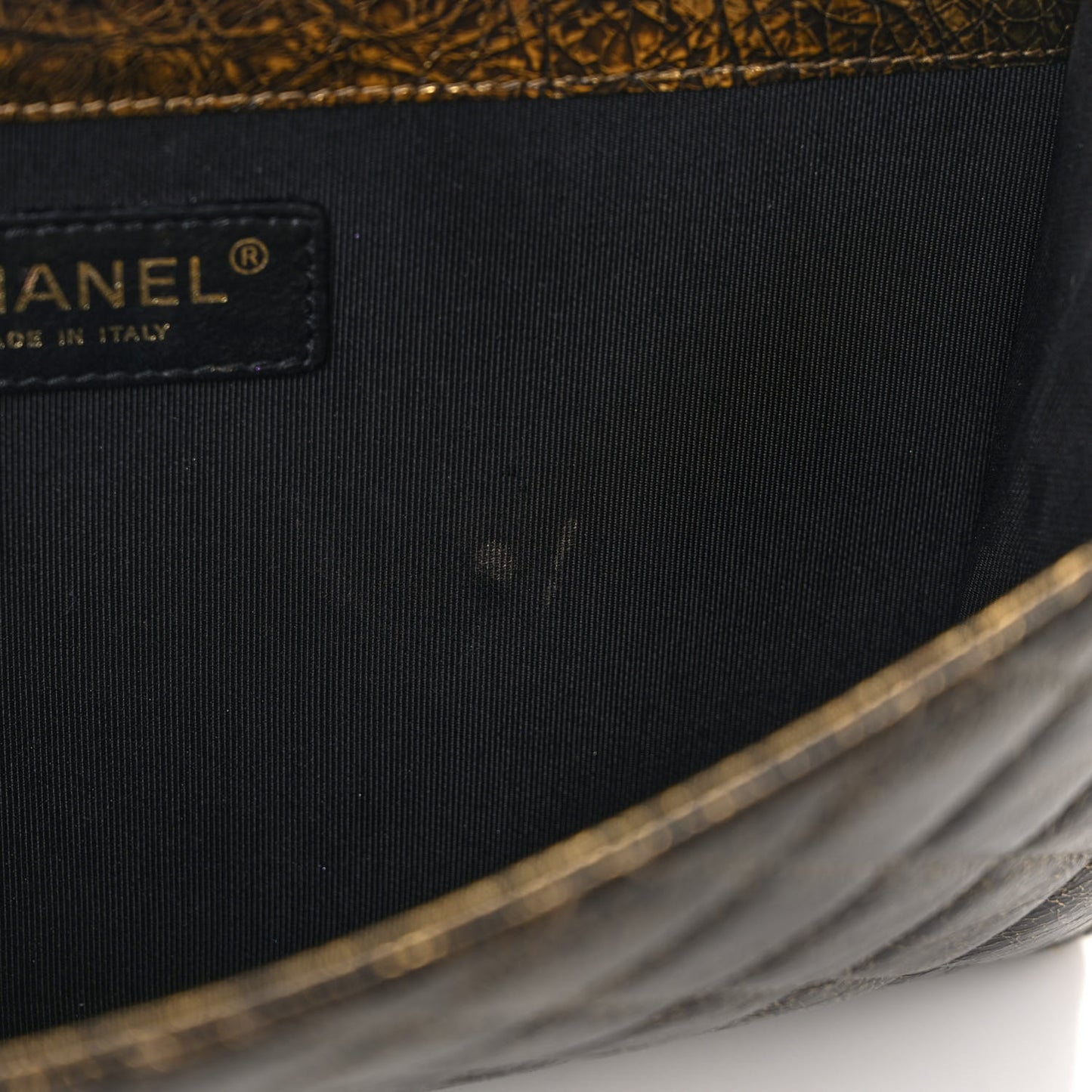 Cracked Metallic Calfskin Quilted Zip Away Chain Clutch Gold