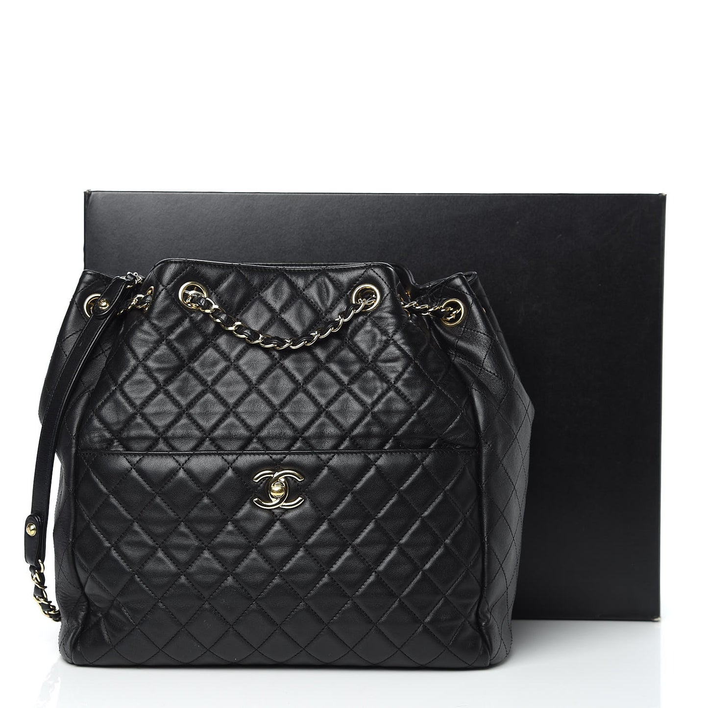 Lambskin Quilted Large Drawstring Bag Black