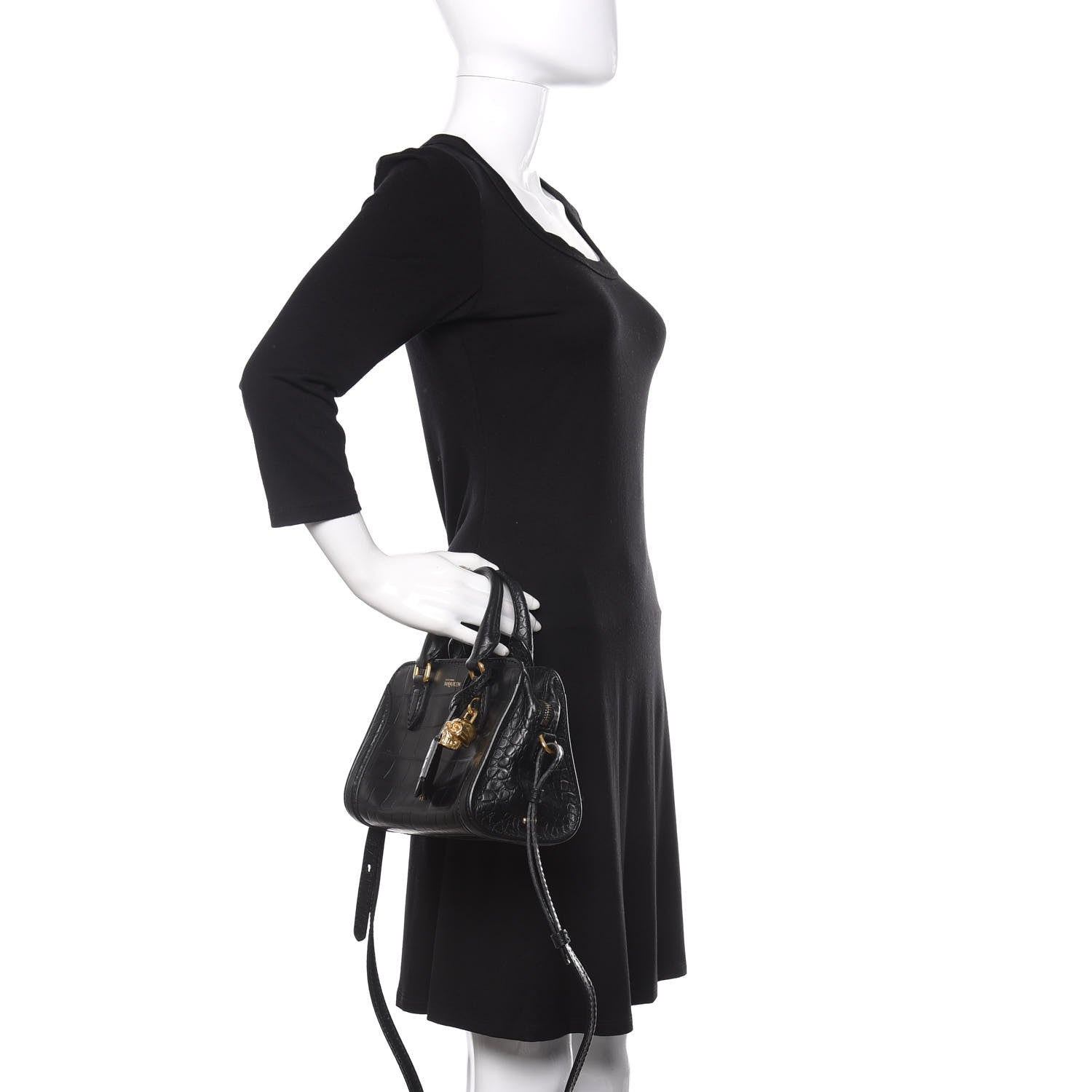 Alexander McQueen Calfskin Crocodile Embossed Mini Skull Padlock Zip Around Tote Black 2 of 17