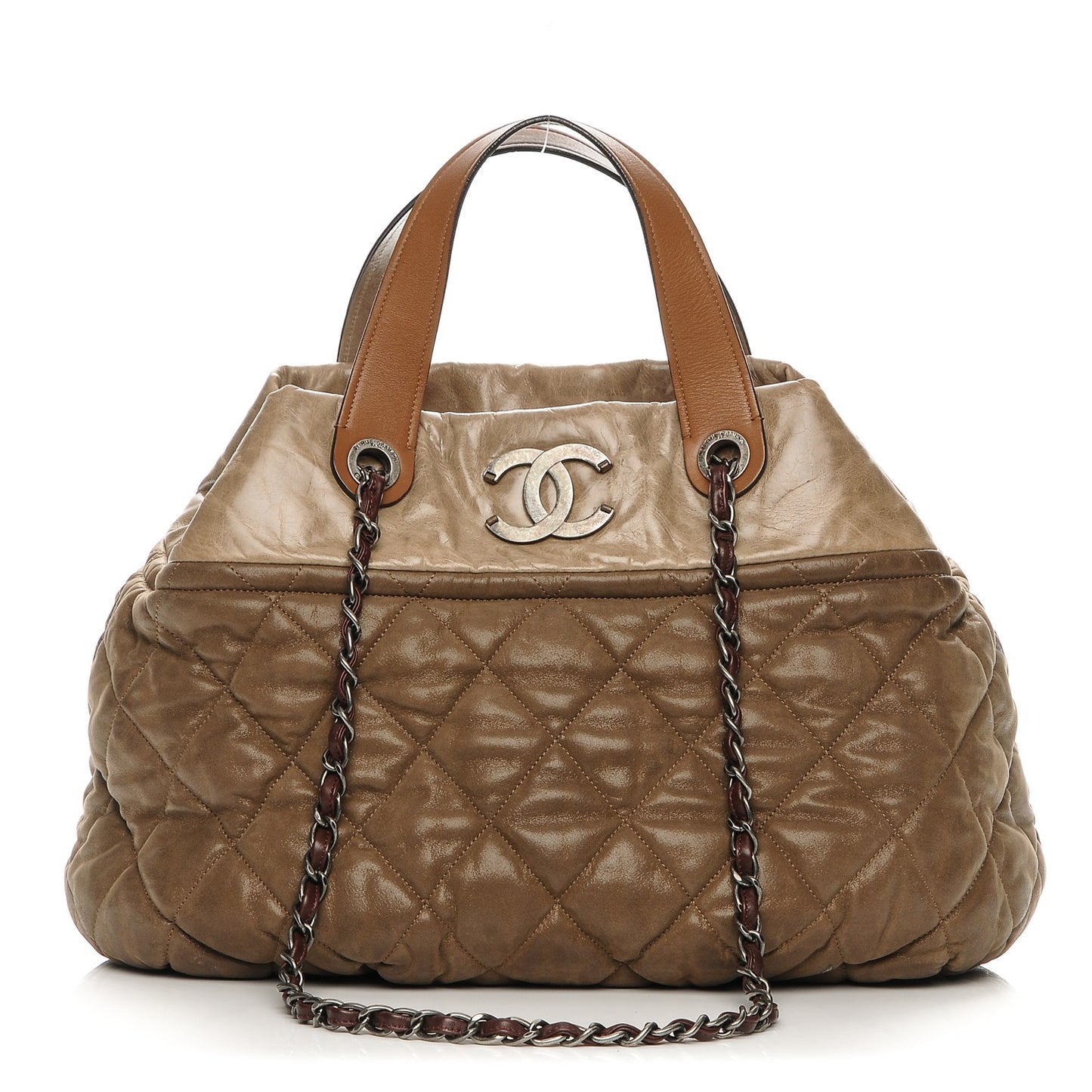 Iridescent Calfskin Quilted Large In The Mix Tote Khaki
