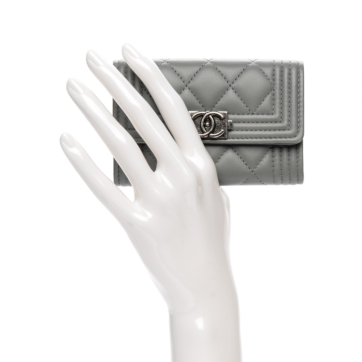 Chanel Calfskin Quilted Boy Card Holder Wallet Grey 2 of 8