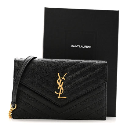 Saint Laurent Grain De Poudre Matelasse Chevron Monogram Envelope Chain Wallet Black 14 of 14