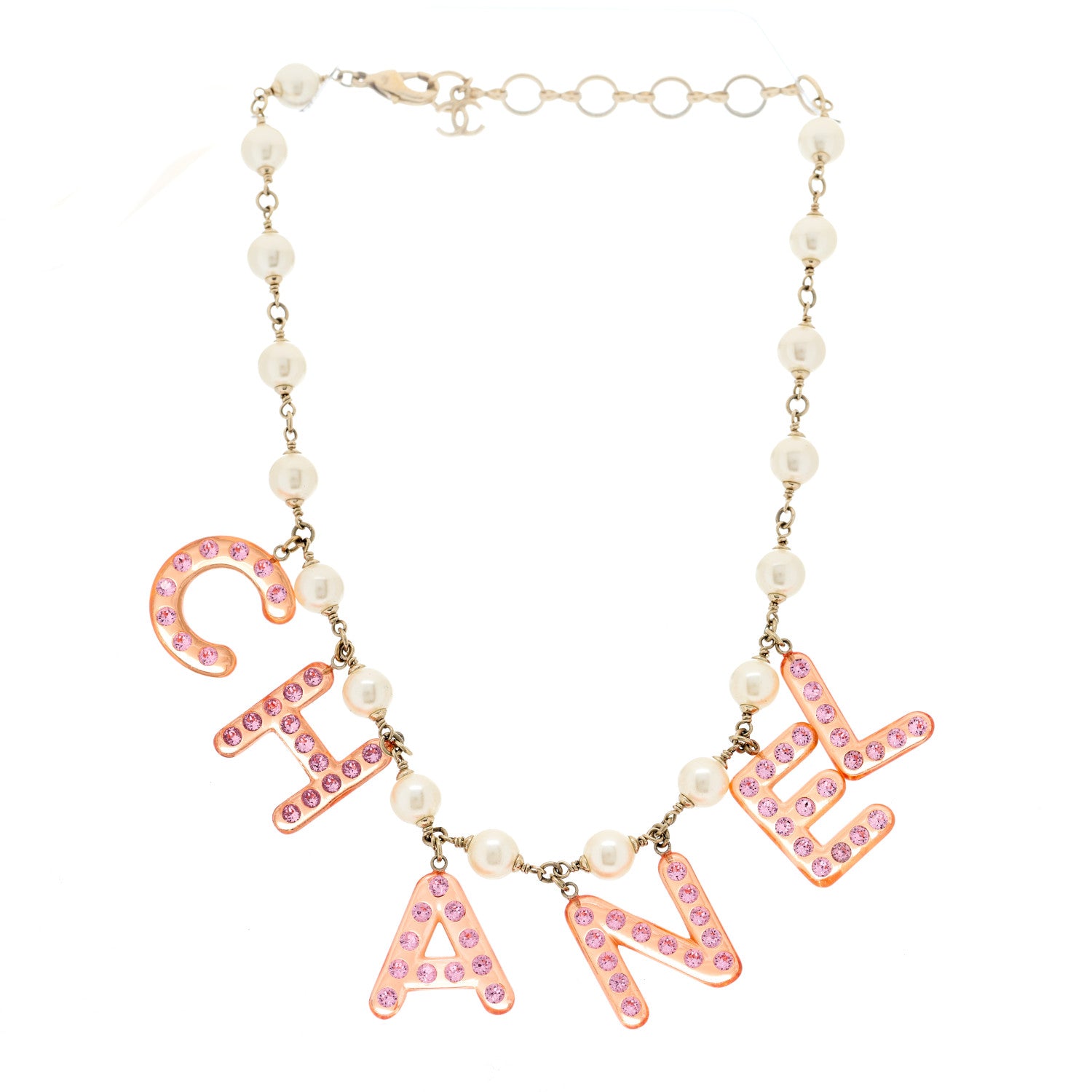 Chanel Pearl Resin Crystal Logo Choker Necklace Light Gold Pink 2 of 3