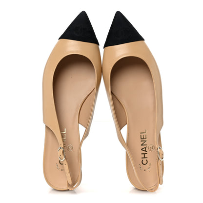 Chanel Goatskin Grosgrain Pointed Toe CC Slingback Flats 40.5 Beige Black 2 of 10