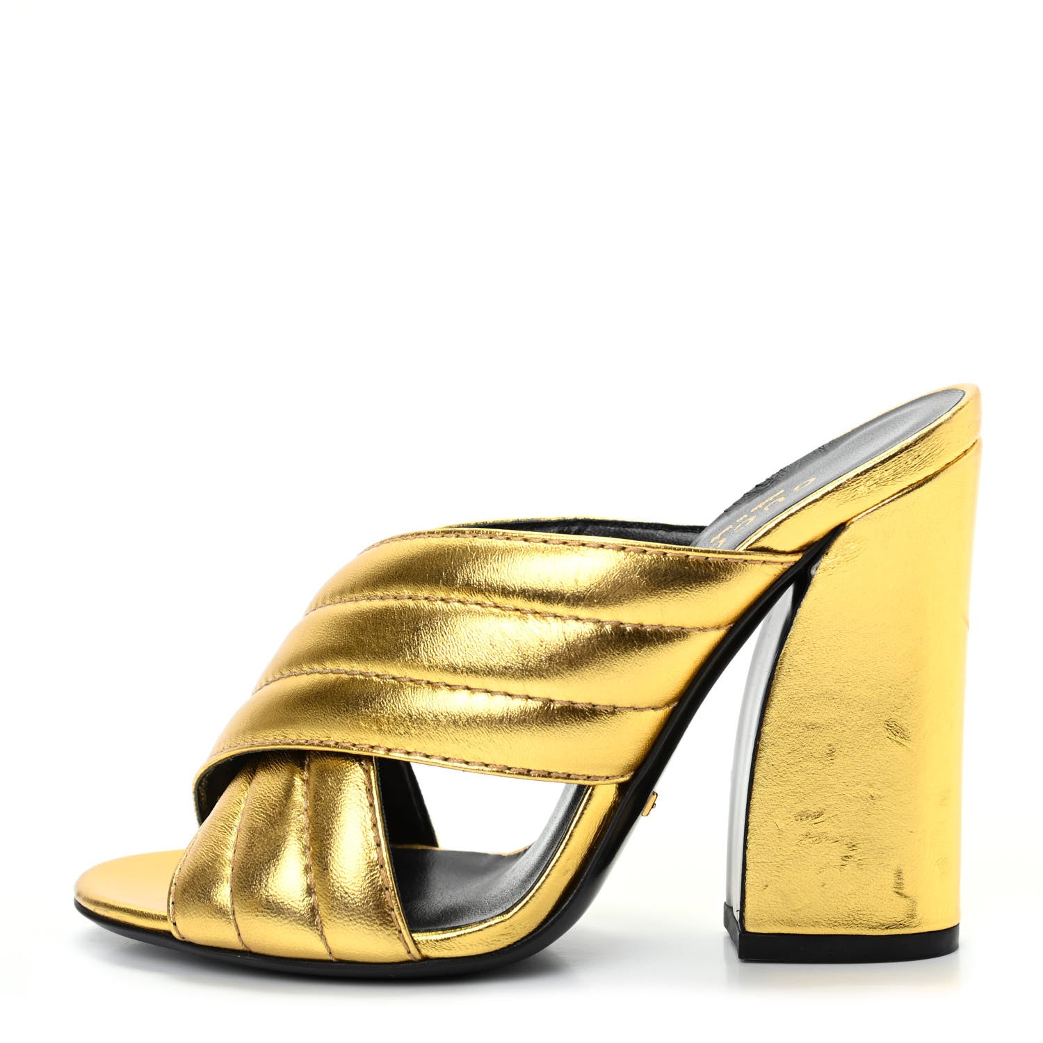 Gucci Metallic Nappa Webby Crossover High Heel Slide Sandals 35 Oro Vecchio 1 of 9