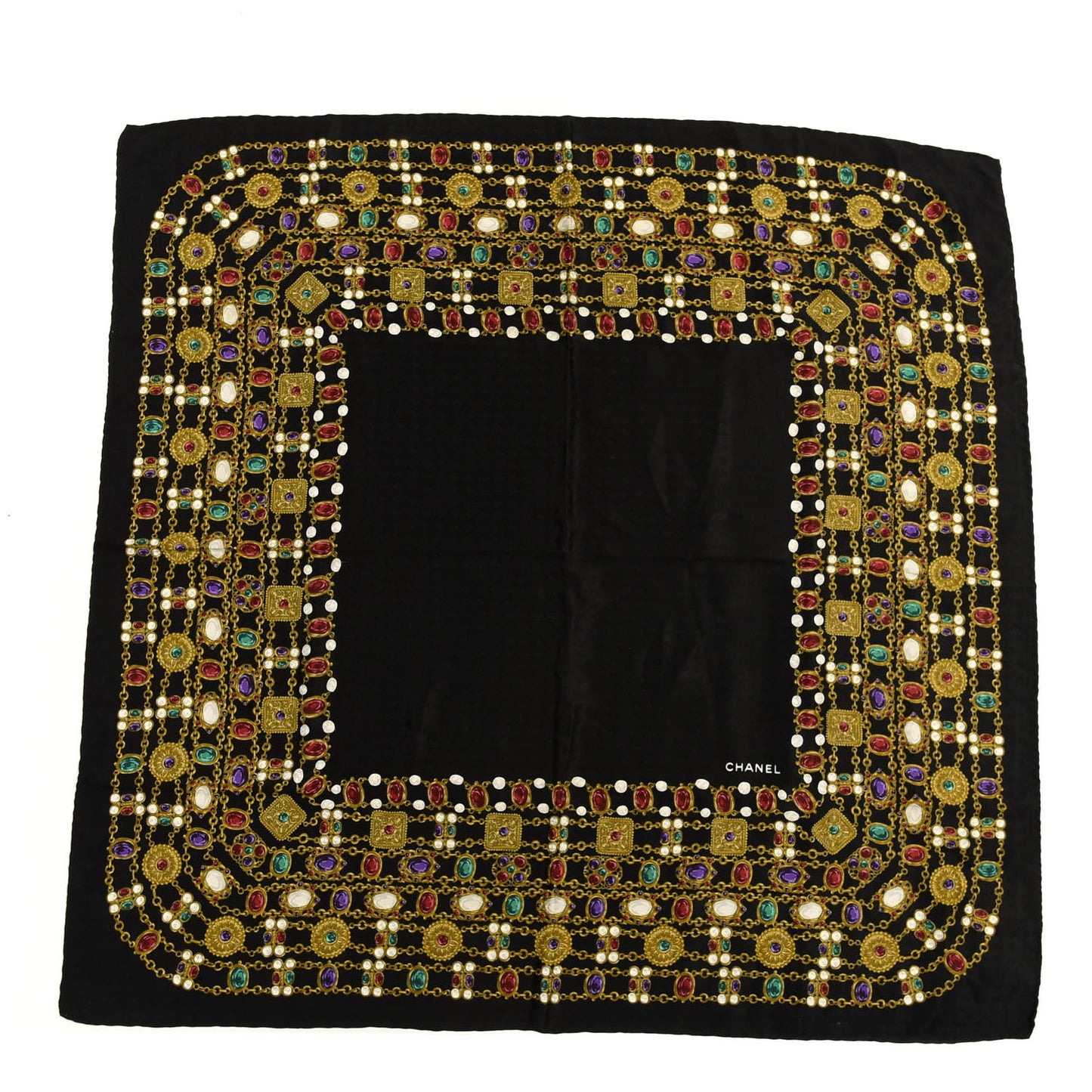 Silk Pearl Jewel Chain Print Scarf Black