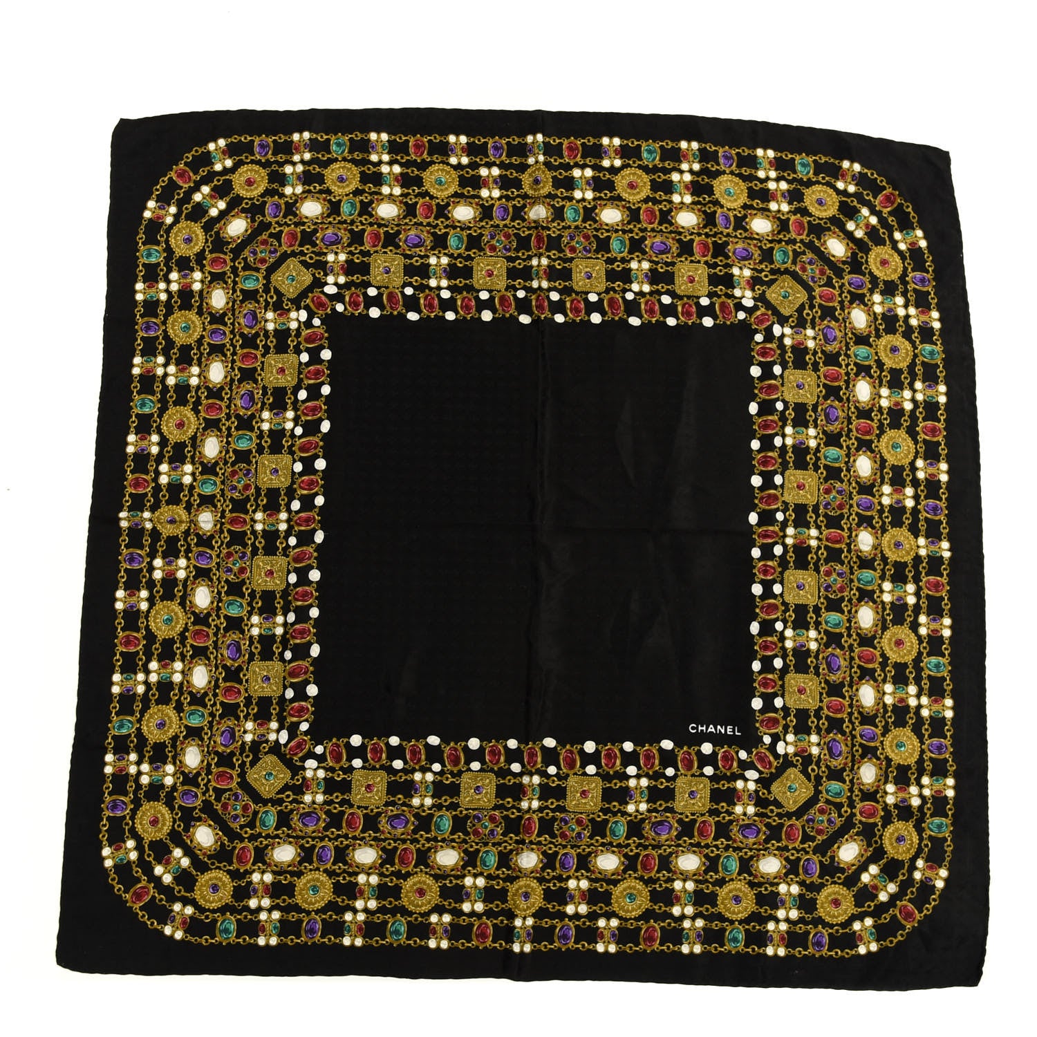 Chanel Silk Pearl Jewel Chain Print Scarf Black 1 of 4