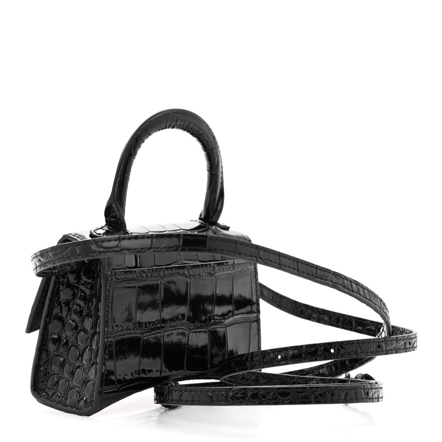 Shiny Calfskin Monochrome Crocodile Embossed Hourglass Top Handle Bag Mini Black