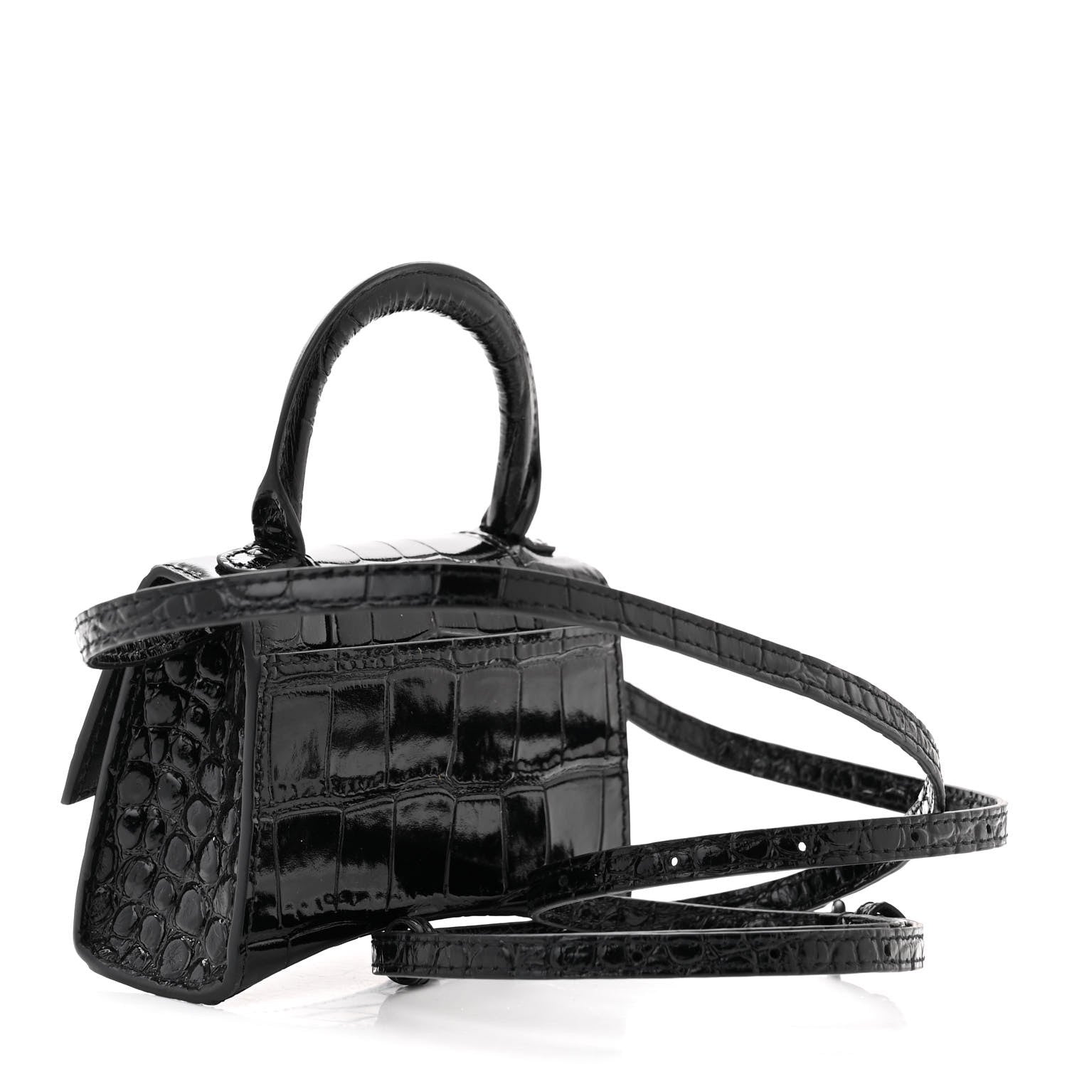 Balenciaga Shiny Calfskin Monochrome Crocodile Embossed Hourglass Top Handle Bag Mini Black 3 of 11