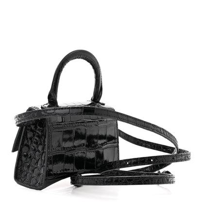 Balenciaga Shiny Calfskin Monochrome Crocodile Embossed Hourglass Top Handle Bag Mini Black 3 of 11