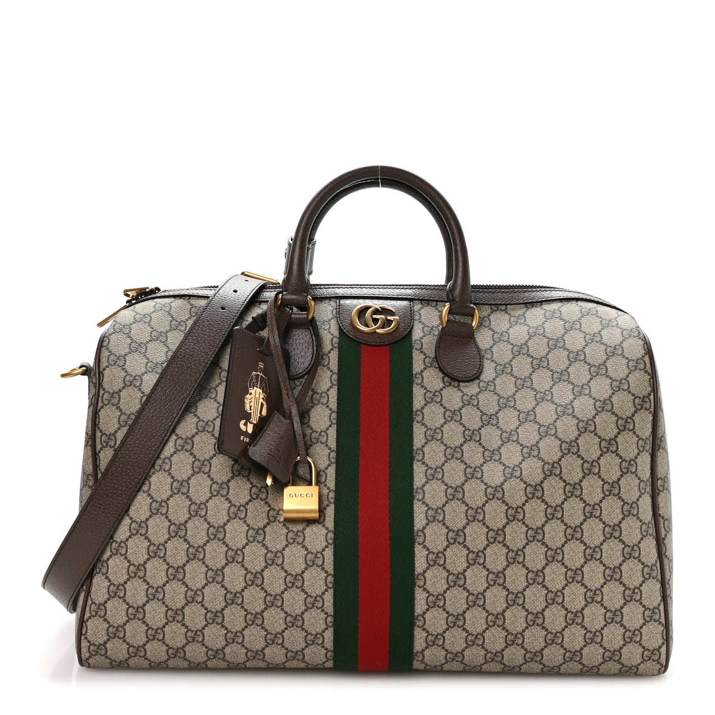 GG Supreme Monogram Textured Dollar Calfskin Web Medium Savoy Duffle Bag Beige Dark Brown