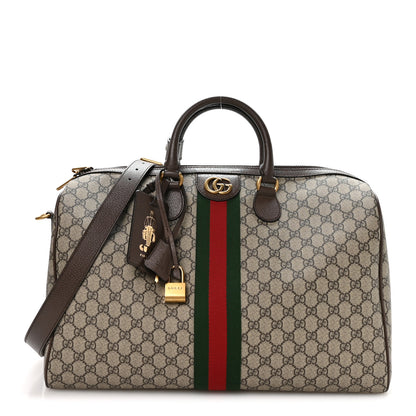 Gucci GG Supreme Monogram Textured Dollar Calfskin Web Medium Savoy Duffle Bag Beige Dark Brown 1 of 9