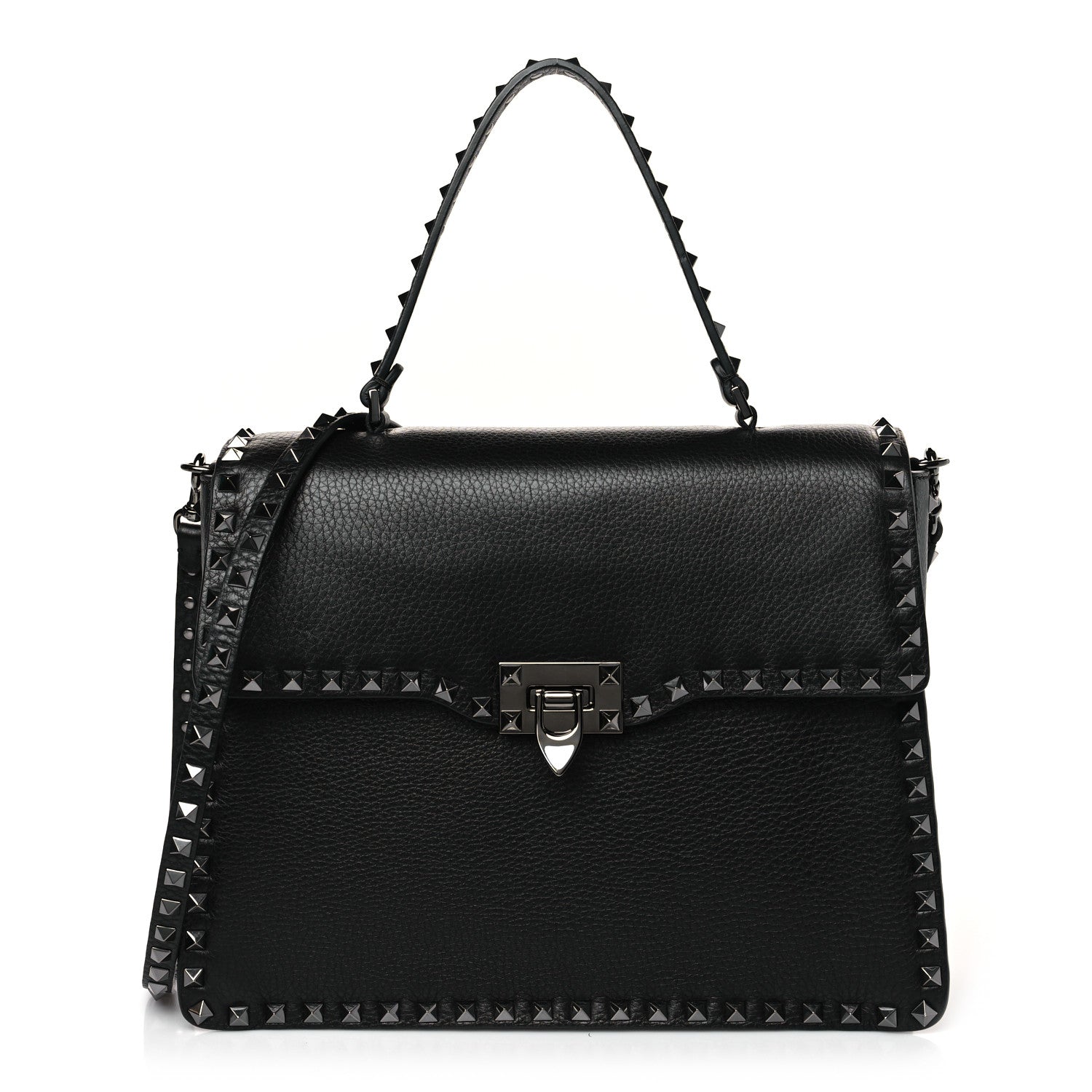 Valentino Garavani Grained Calfskin Rockstud Top Handle Flap Shoulder Bag Black 1 of 8
