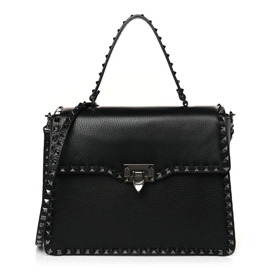 Grained Calfskin Rockstud Top Handle Flap Shoulder Bag Black