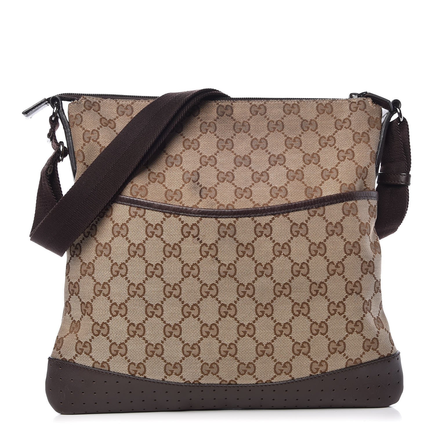 Gucci Monogram Calfskin Perforated Medium Flat Messenger Bag Dark Brown 1 of 7