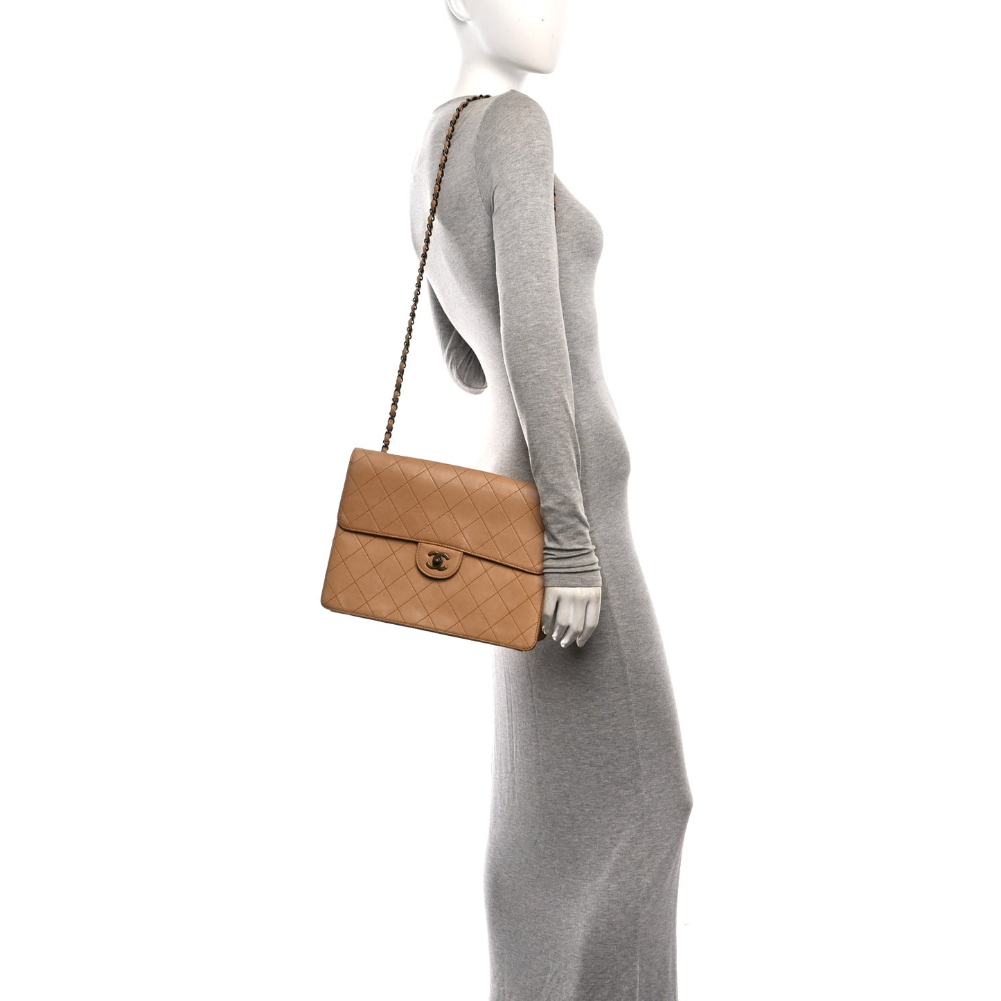 Lambskin Stitched Jumbo Single Flap Beige