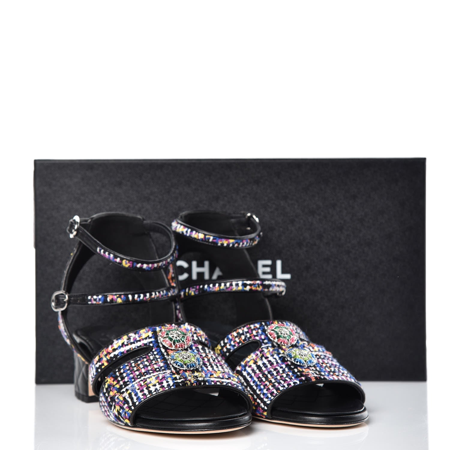 Chanel Tweed Lambskin Sandals 39 Black Blue Yellow Fuchsia 10 of 10