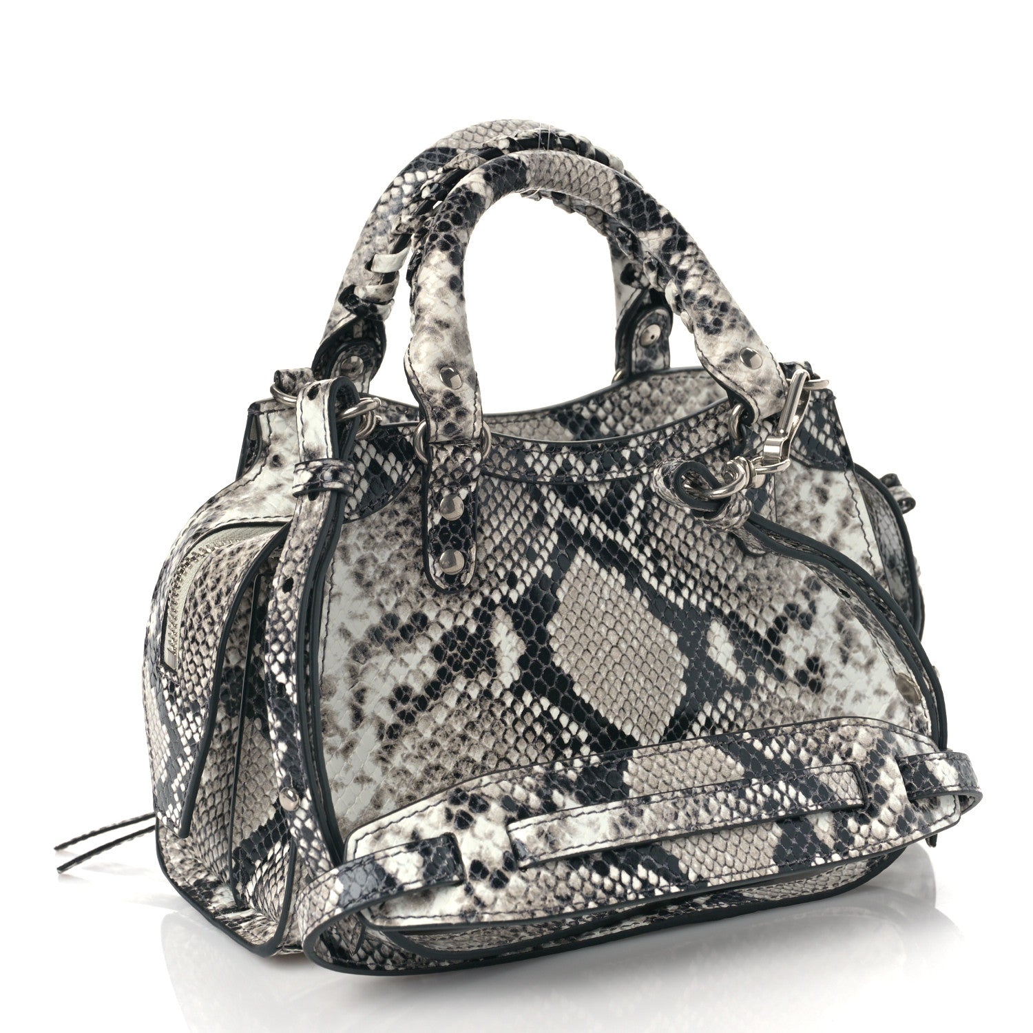 Balenciaga Grained Calfskin Snake Effect Neo Classic Silver Hardware Mini City Black White 3 of 7