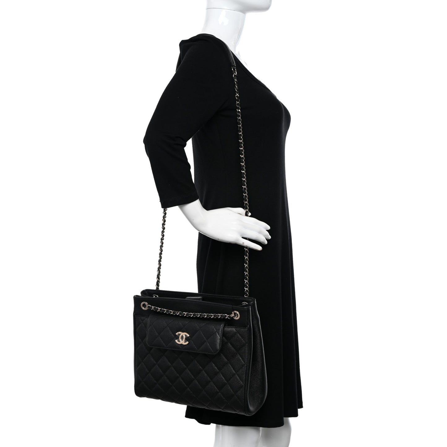 Caviar Quilted In Out Flap Shopping Tote Black