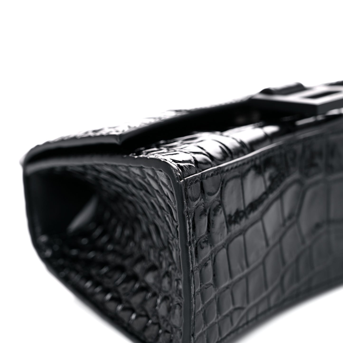 Shiny Calfskin Monochrome Crocodile Embossed Hourglass Top Handle Bag XS Black