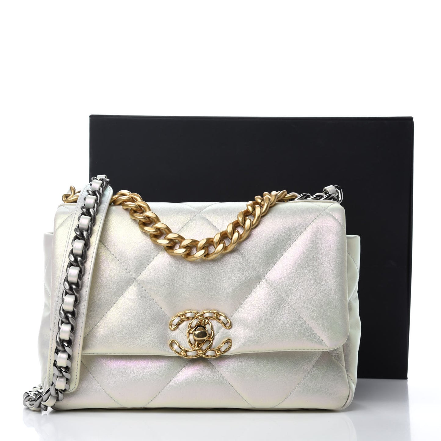 Iridescent Calfskin Quilted Medium Chanel 19 Flap White