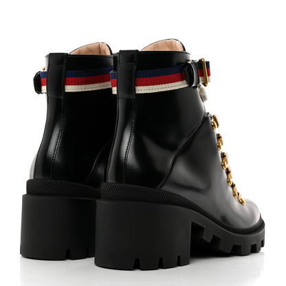Gucci Calfskin Sylvie Web Womens Lace Up Combat Boots 36.5 Black 4 of 9