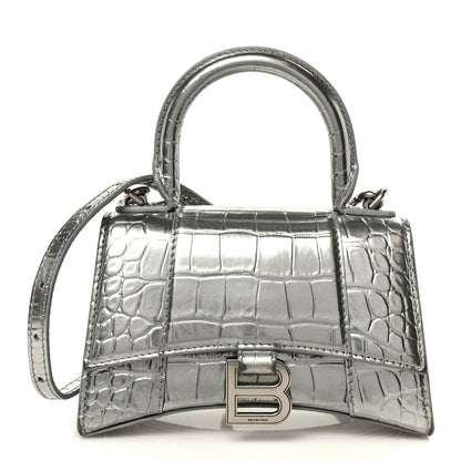 Balenciaga Metallic Calfskin Crocodile Embossed Hourglass Top Handle Bag XS Silver 1 of 11
