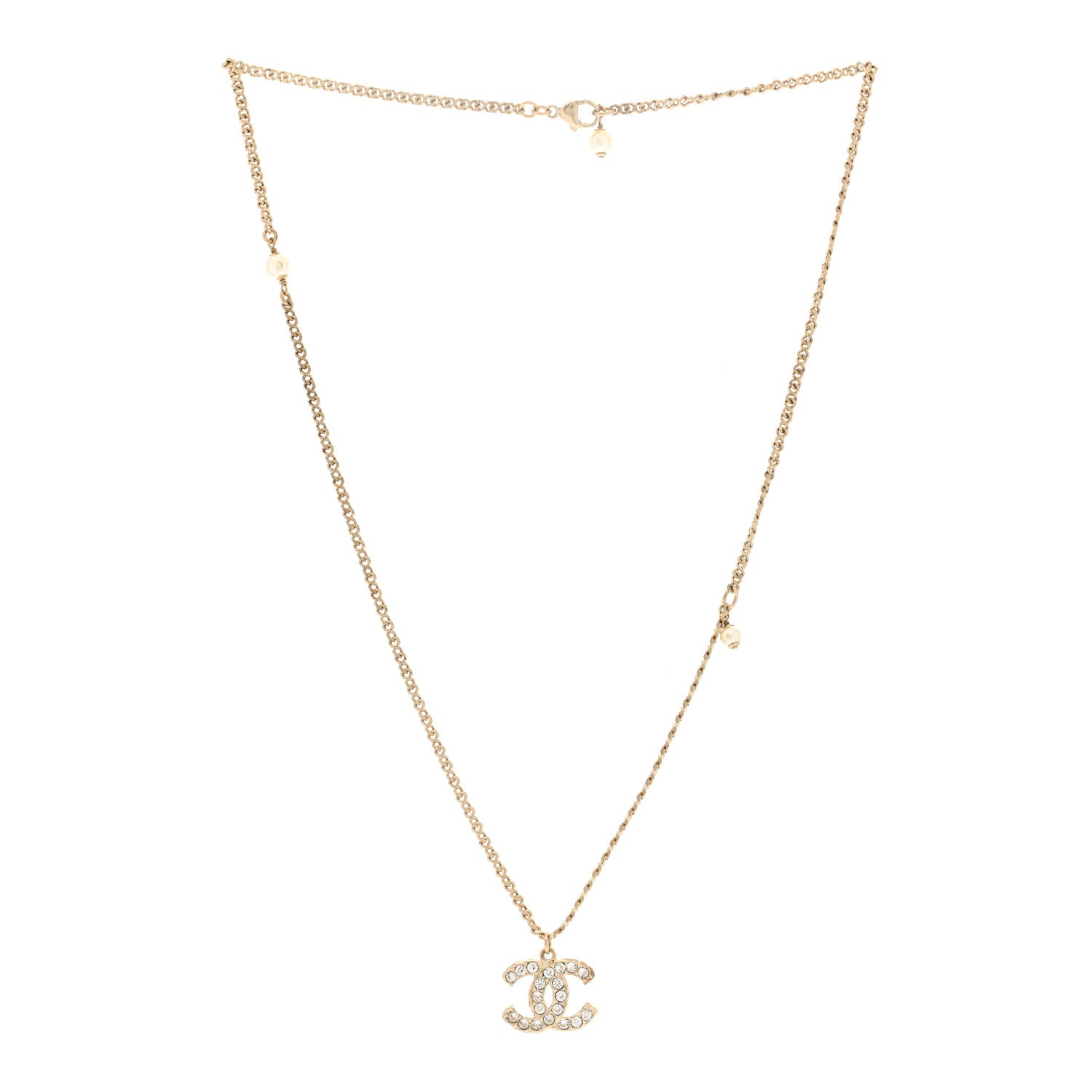 Chanel Metal Pearl Crystal CC Textured Pendant Necklace Gold 3 of 5