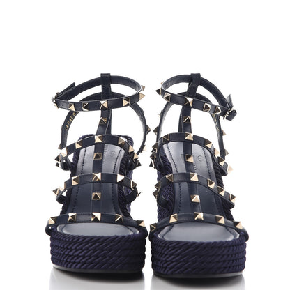 Valentino Garavani Calfskin Rockstud Ankle Strap Torchon Espadrille Caged Wedge Sandals 40 Navy 2 of 8