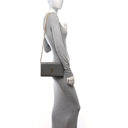 Saint Laurent Calfskin Crocodile Embossed Monogram Chain Wallet Fog 2 of 11