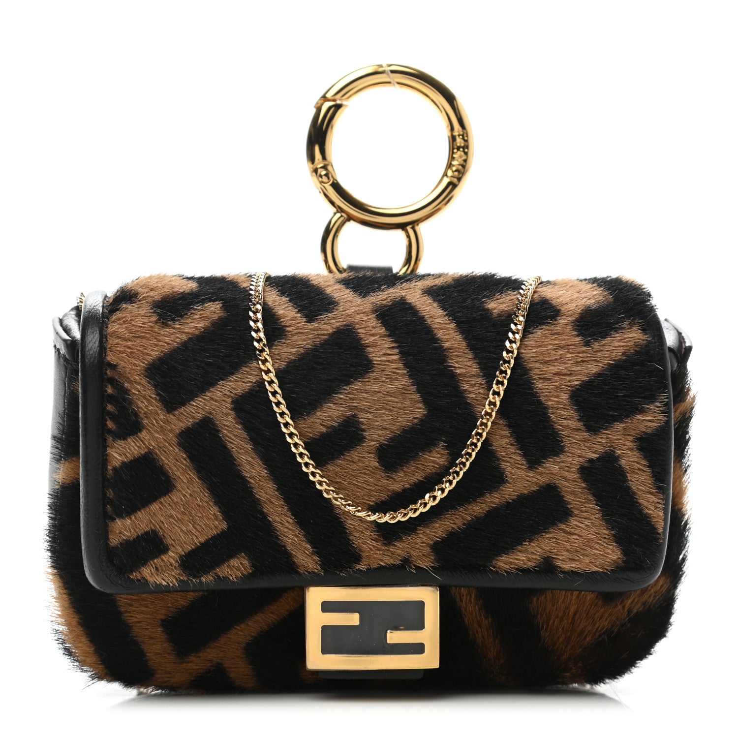 Fendi Sheared Sheepskin Vitello King FF Nano Baguette Charm Tobacco Moro Black 1 of 9