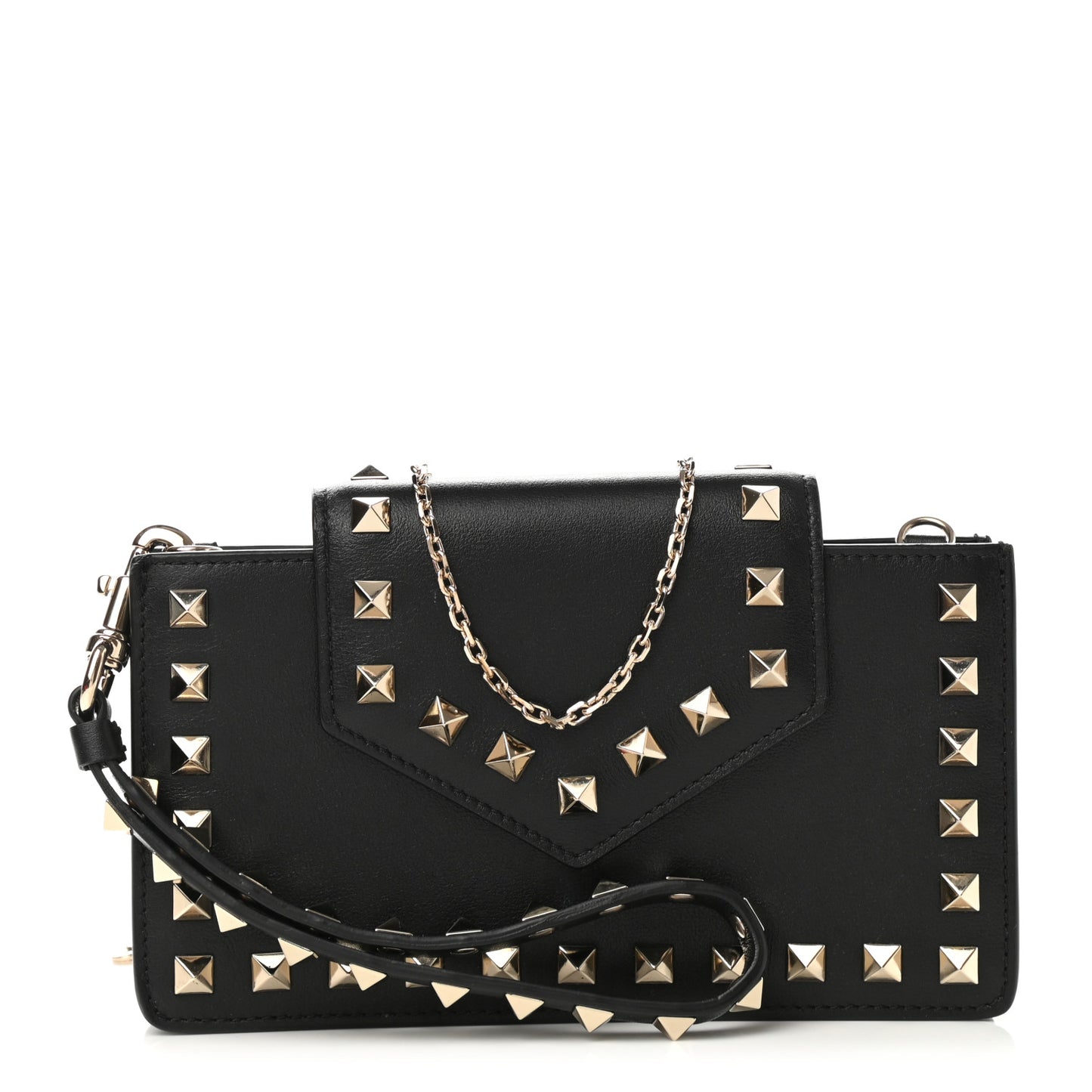 Calfskin Rockstud Phone Case With Chain Black