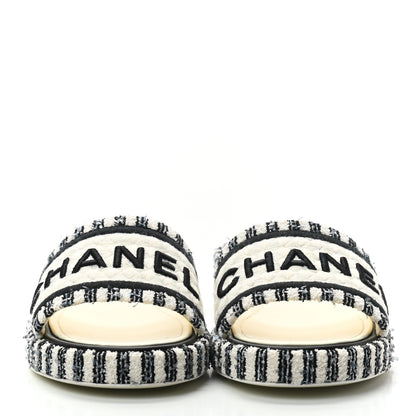 Chanel Tweed Embroidered CC Mule Sandal 38.5 Navy White 2 of 6