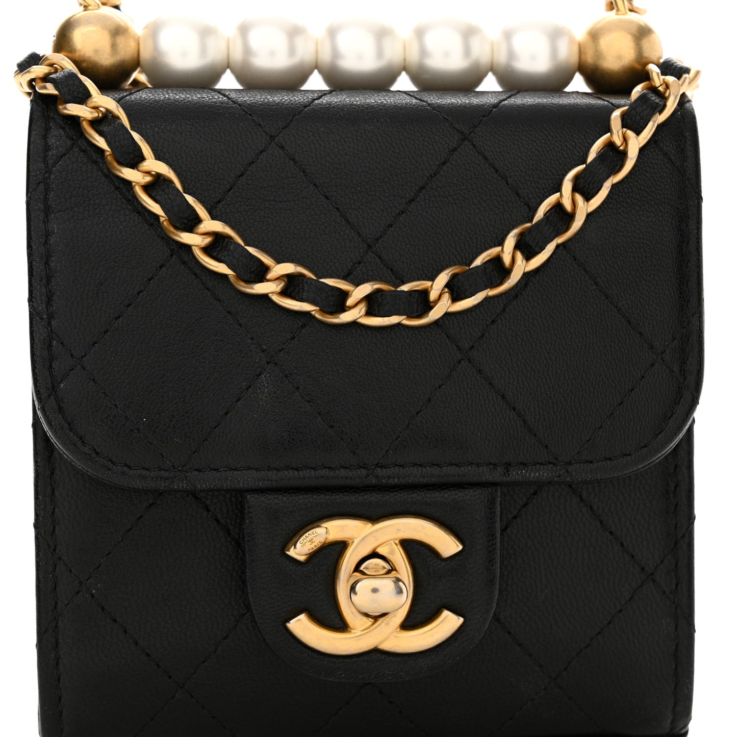 Goatskin Chic Pearls Clutch On Chain Black