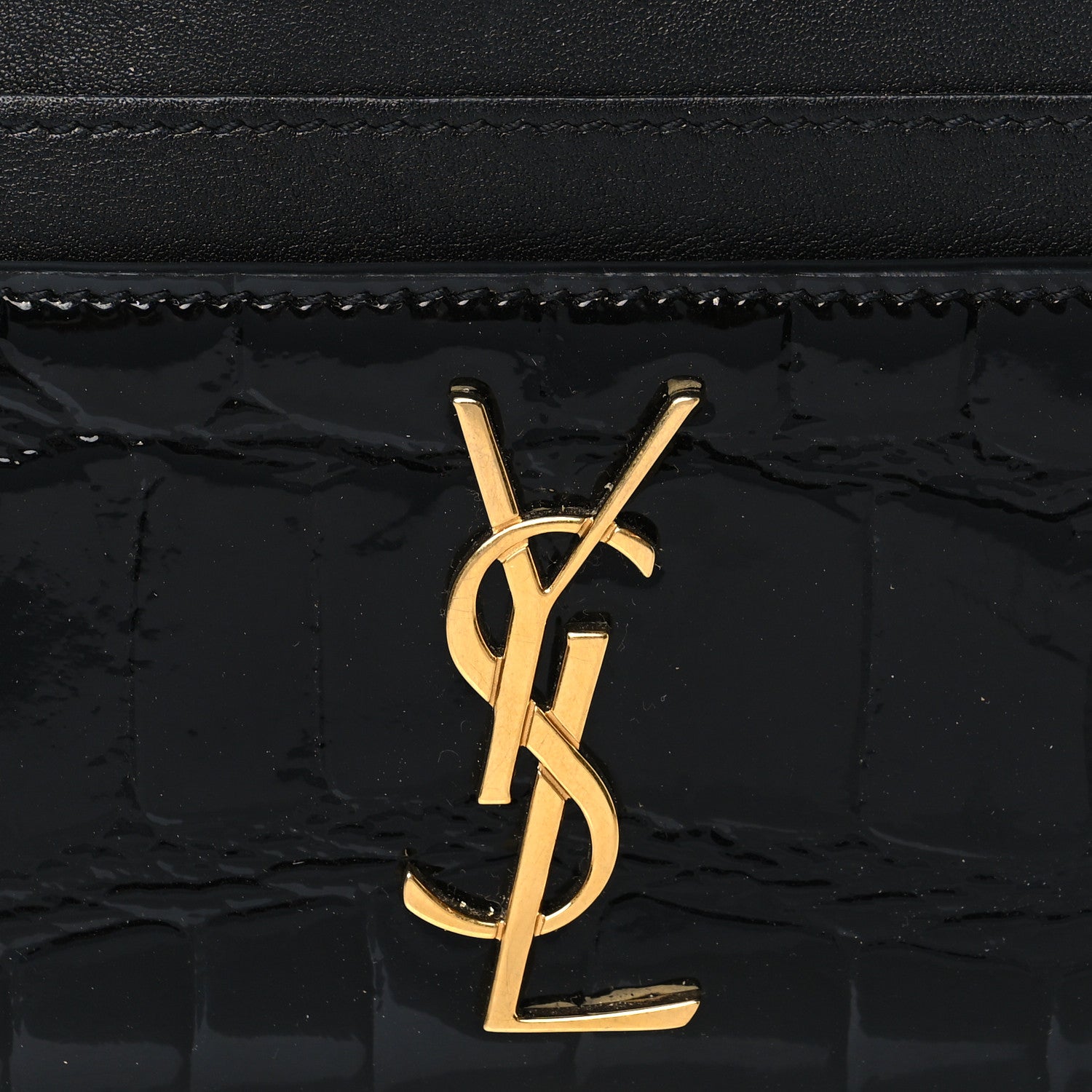 Saint Laurent Calfskin Crocodile Embossed Monogram Patent Cassandre Credit Card Case Black 8 of 9