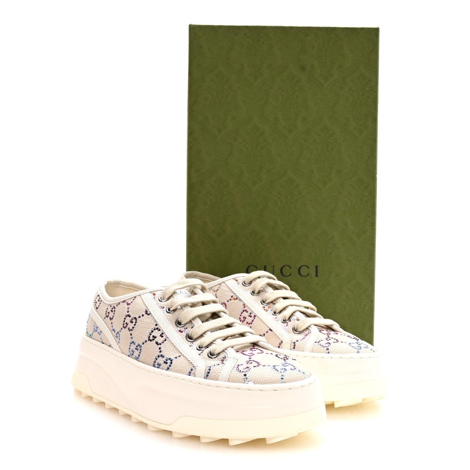 Gucci Canvas Lame Crystal GG Monogram Womens 1977 Tennis Platform 52mm Sneakers 38 Gardenia Silver Mystic White 9 of 9