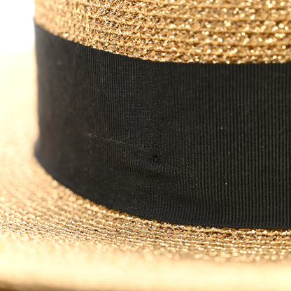 Gucci Glittered Straw Grosgrain Wide Brim Hat L Gold Black 9 of 10