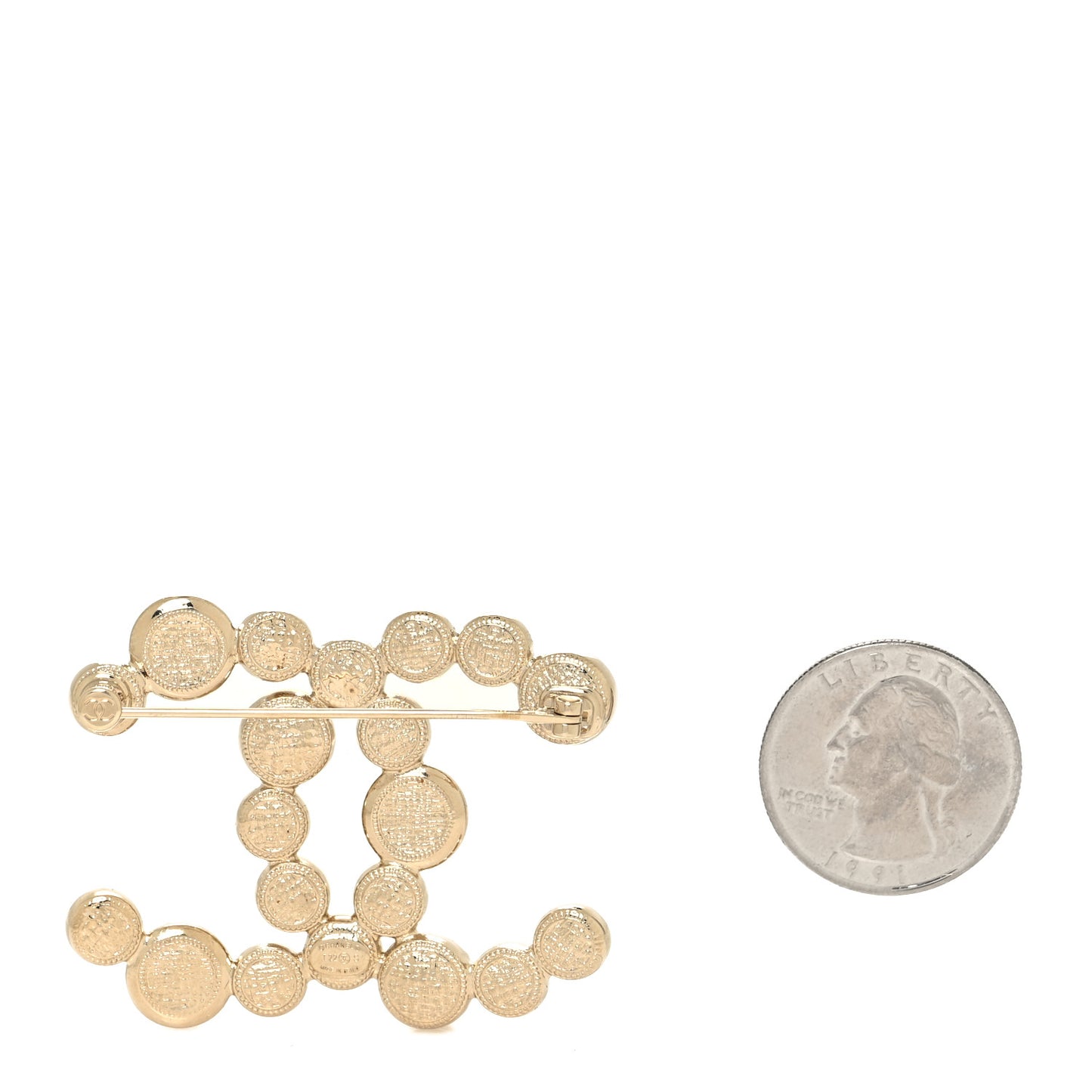 Metal Pearl Crystal CC Brooch Gold