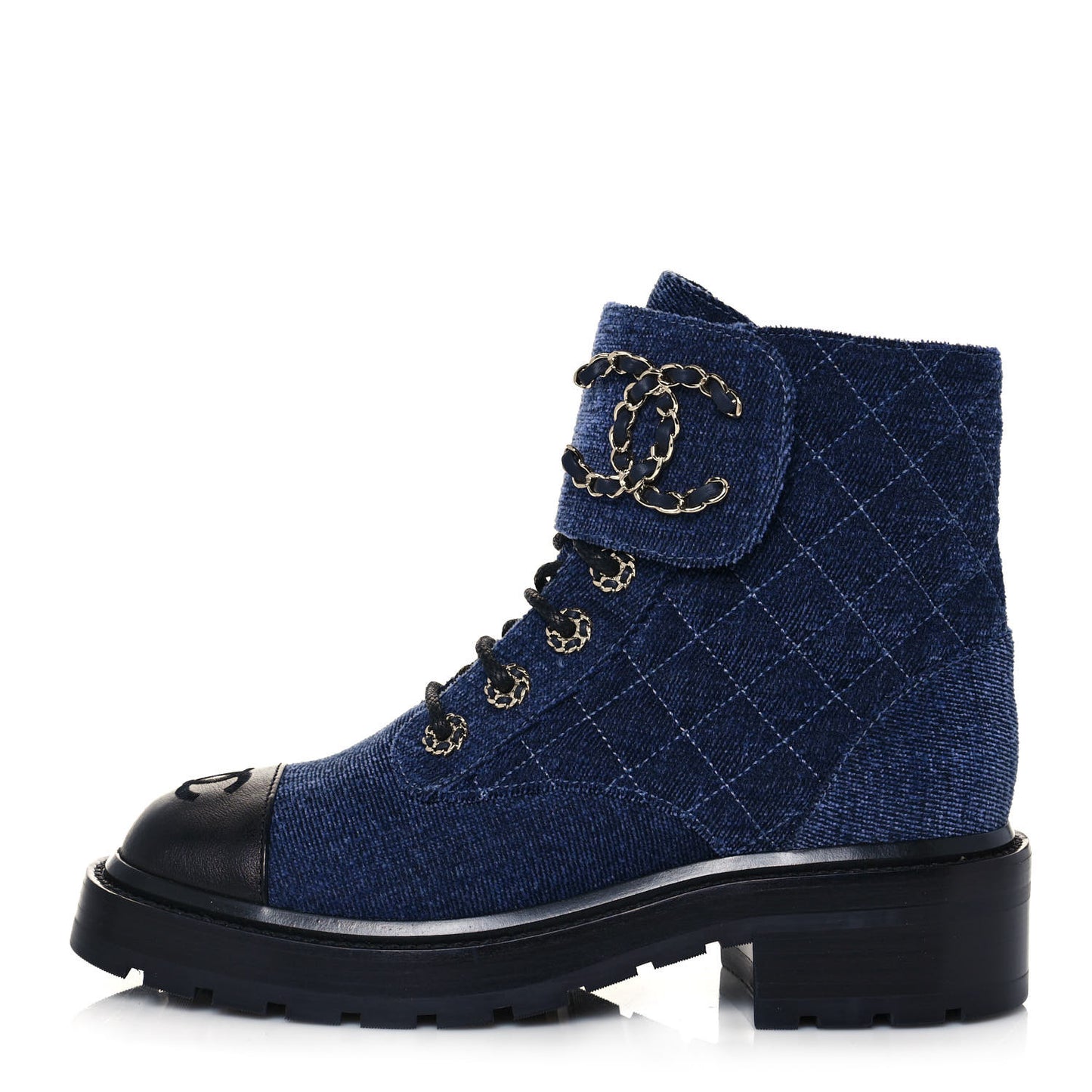 Shiny Calfskin Velvet Quilted Lace Up Combat Boots 36 Blue Black