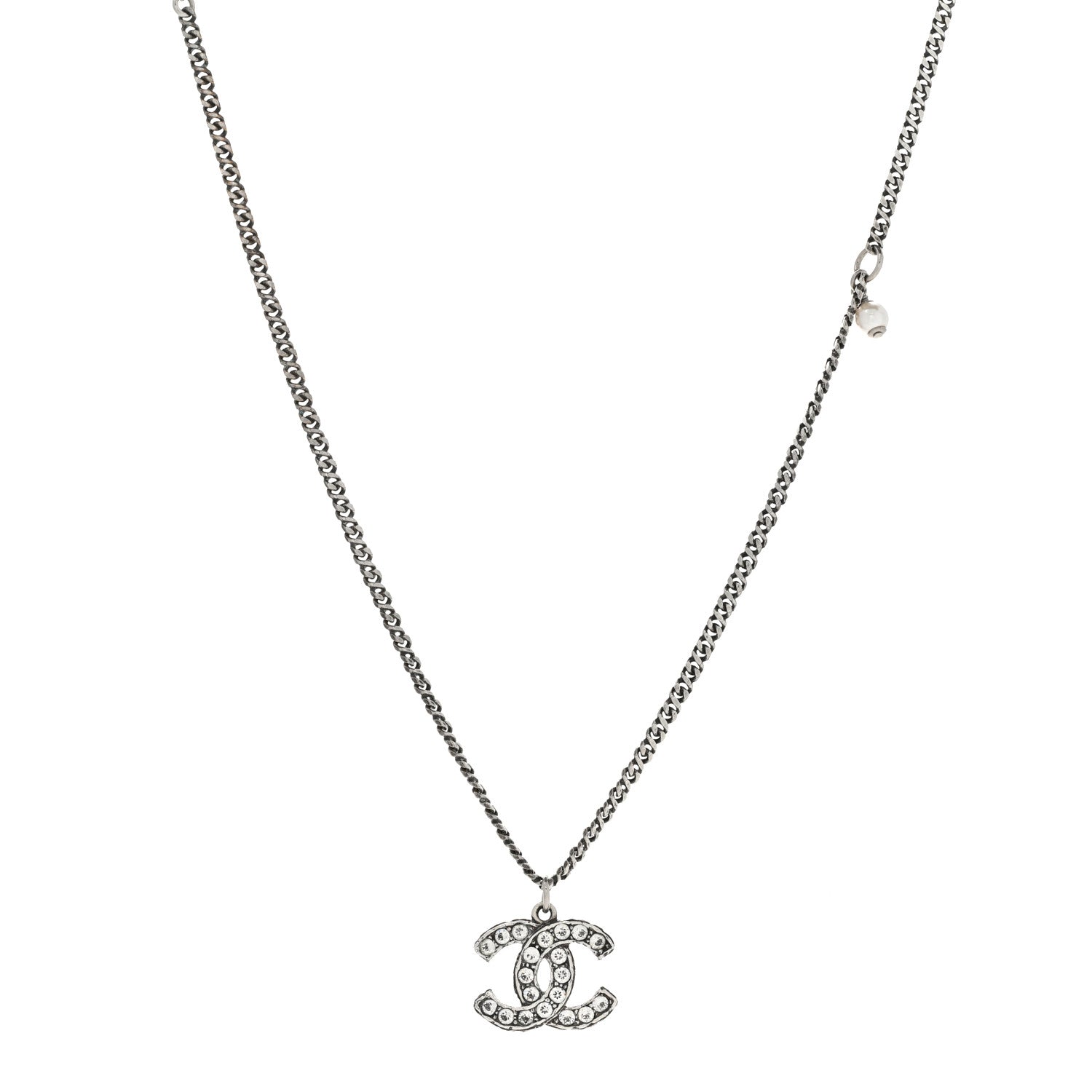 Chanel Ruthenium Crystal Pearl CC Pendant Necklace Silver 1 of 7